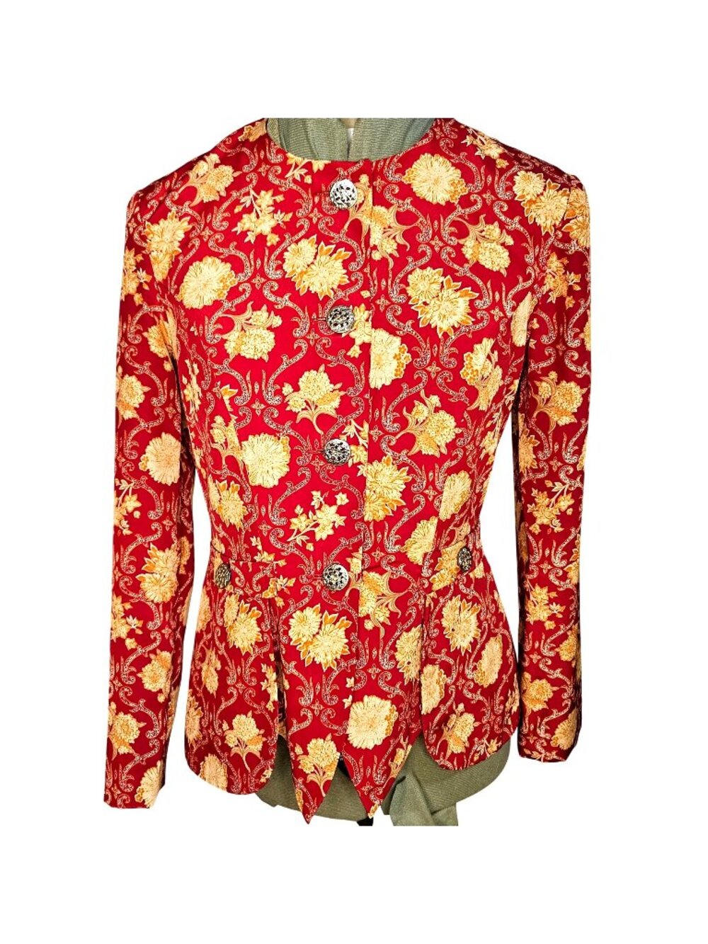 Woman's VNTG LeslieF ay red and gold old money corporate button down floral top